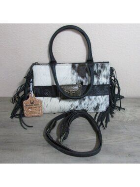 Cowhide & Leather Fringe with Buckle Accent Crossbody Bag Purse Black